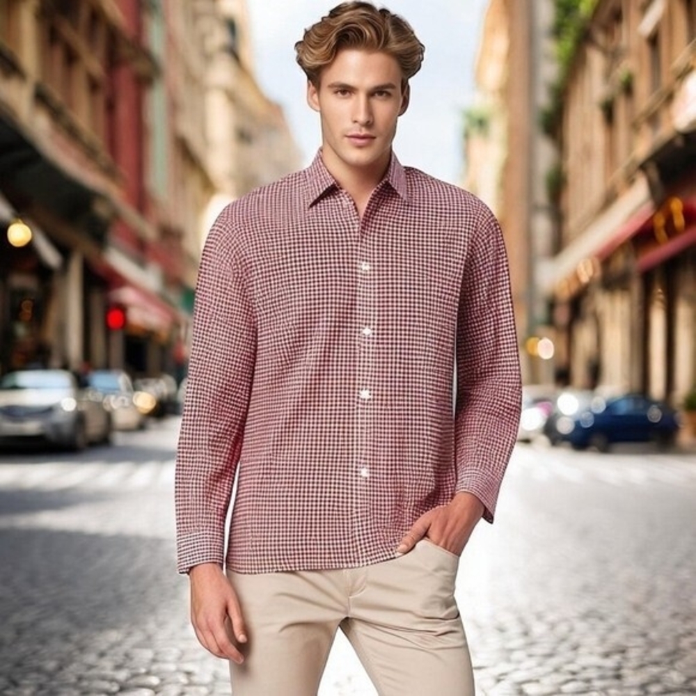 Debenhams Men's Pink Red Checked Plaid Shirt 16.5 Long Sleeve Classic Fit VG